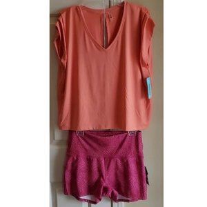 Womens MTA Sport Workout Top & Bike Shorts Size Large 2X Geo Print Coral NWT
